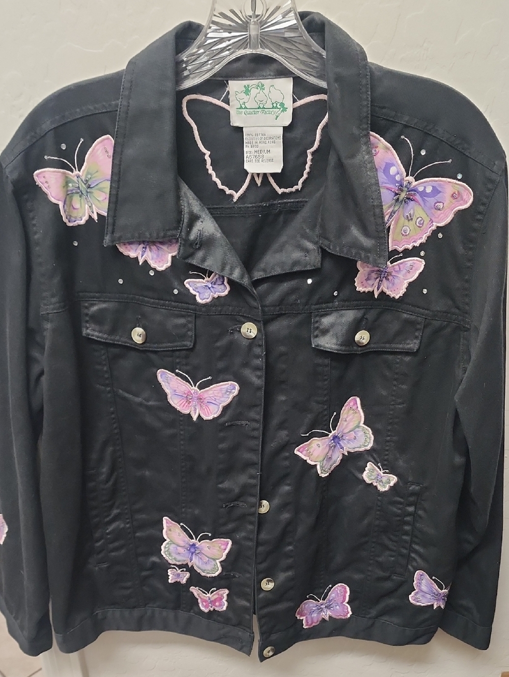 Quacker Factory Black Denim Jacket with Pink & Purple Butterfly Embroidery